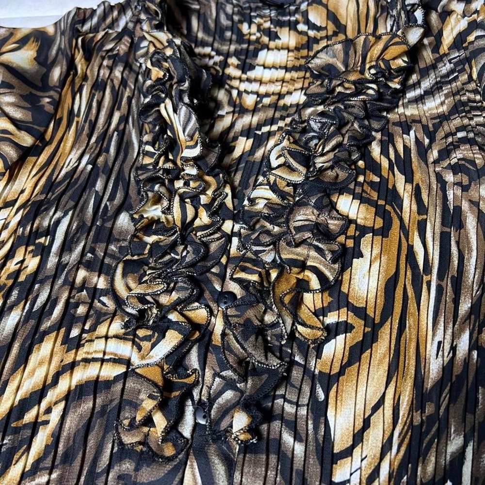 Brown and black abstract swirl blouse with ruffles - Picture 4 of 6
